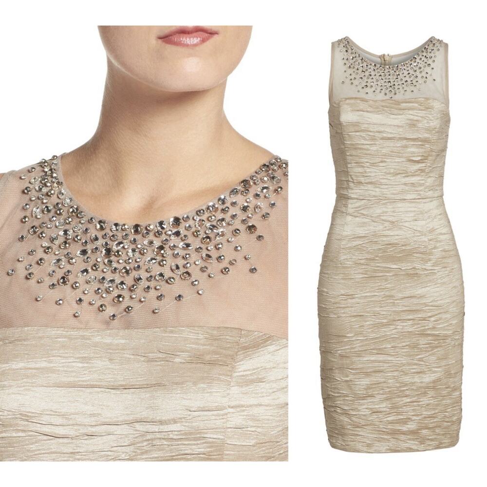 Eliza J Taupe Satin Portrait Neck Ruched Surplice Cocktail Sheath Dress Size 6 - Picture 5 of 5